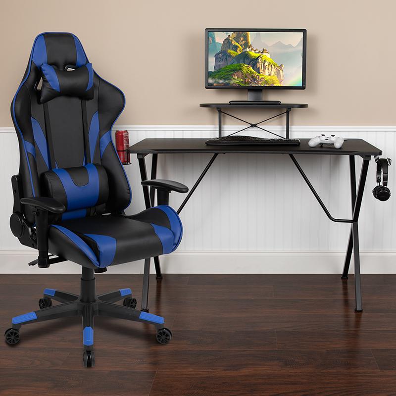 Black Gaming Desk and Blue Reclining Gaming Chair Set. Picture 1
