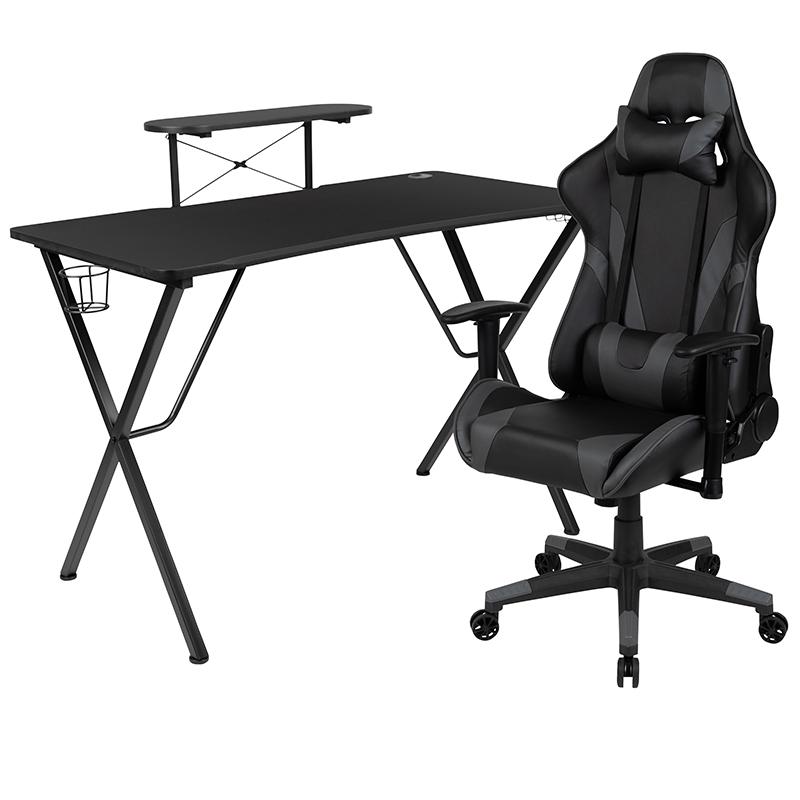 Black Gaming Desk and Gray Reclining Gaming Chair Set. Picture 2