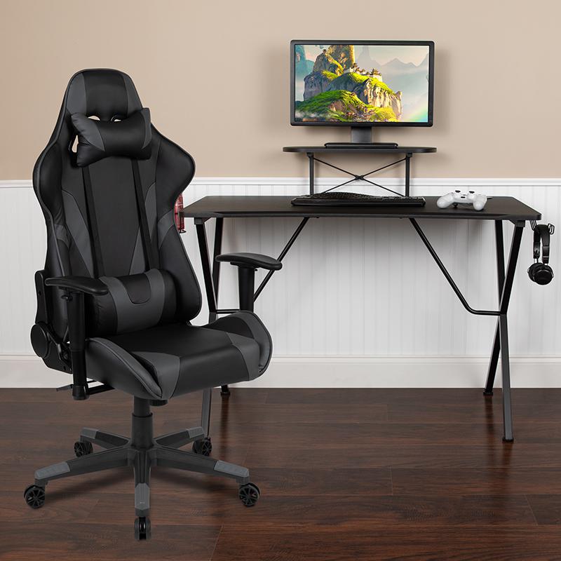 Black Gaming Desk and Gray Reclining Gaming Chair Set. Picture 1