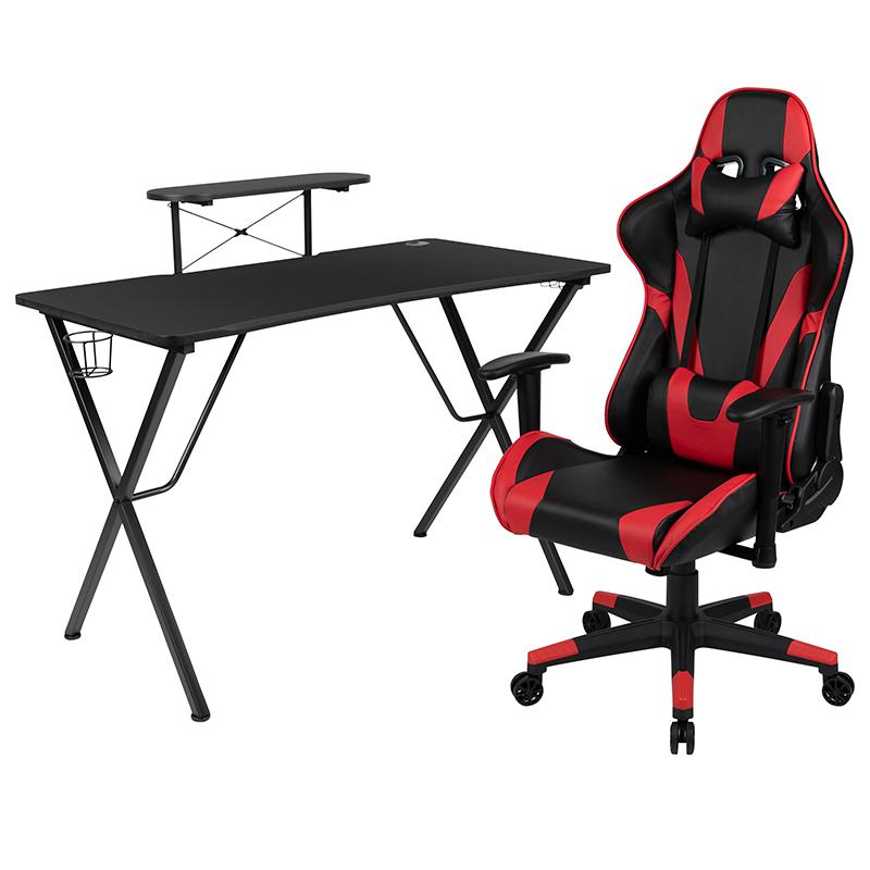 Black Gaming Desk and Red/Black Reclining Gaming Chair Set with Cup Holder, Headphone Hook, and Monitor/Smartphone Stand. The main picture.