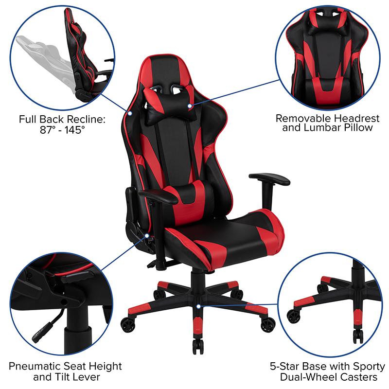 Black Gaming Desk and Red/Black Reclining Gaming Chair Set with Cup Holder, Headphone Hook, and Monitor/Smartphone Stand. Picture 4