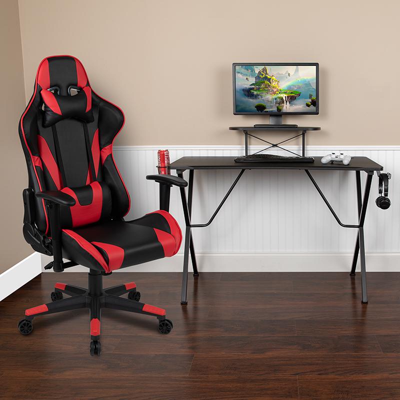 Black Gaming Desk and Red/Black Reclining Gaming Chair Set with Cup Holder, Headphone Hook, and Monitor/Smartphone Stand. Picture 2