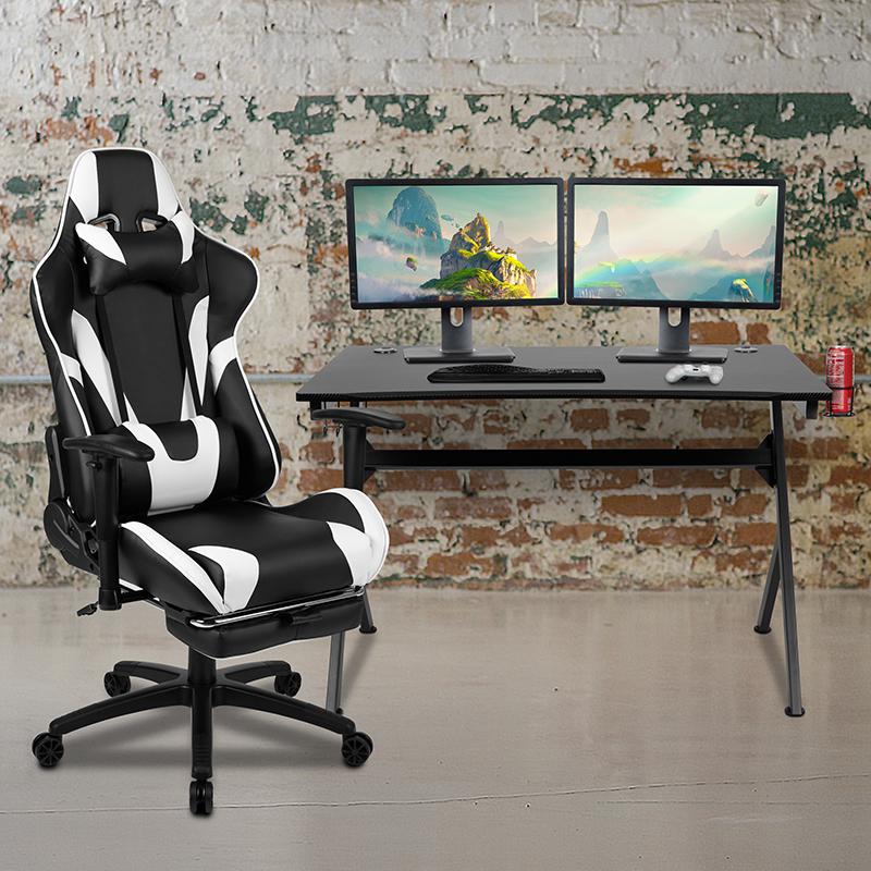 Black Gaming Desk and Black Footrest Reclining Gaming Chair Set. Picture 1