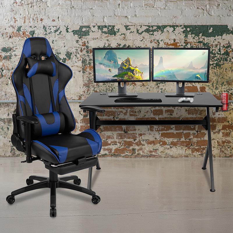 Black Gaming Desk and Blue Footrest Reclining Gaming Chair Set with Cup Holder, Headphone Hook & 2 Wire Management Holes. Picture 1