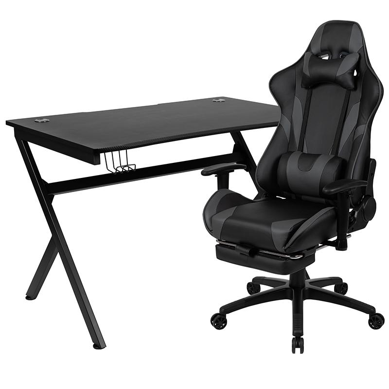 Black Gaming Desk and Gray Footrest Reclining Gaming Chair Set. Picture 2