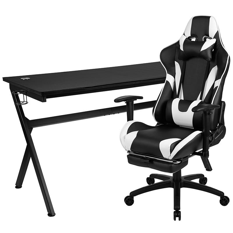Gaming Desk and Black Footrest Reclining Gaming Chair Set - Cup Holder/Headphone Hook/Removable Mouse Pad Top/Wire Management. Picture 2