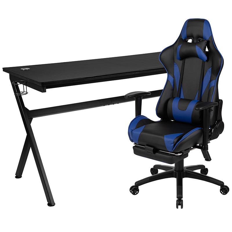 Gaming Desk and Blue Footrest Reclining Gaming Chair Set - Cup Holder/Headphone Hook/Removable Mouse Pad Top/Wire Management. Picture 2