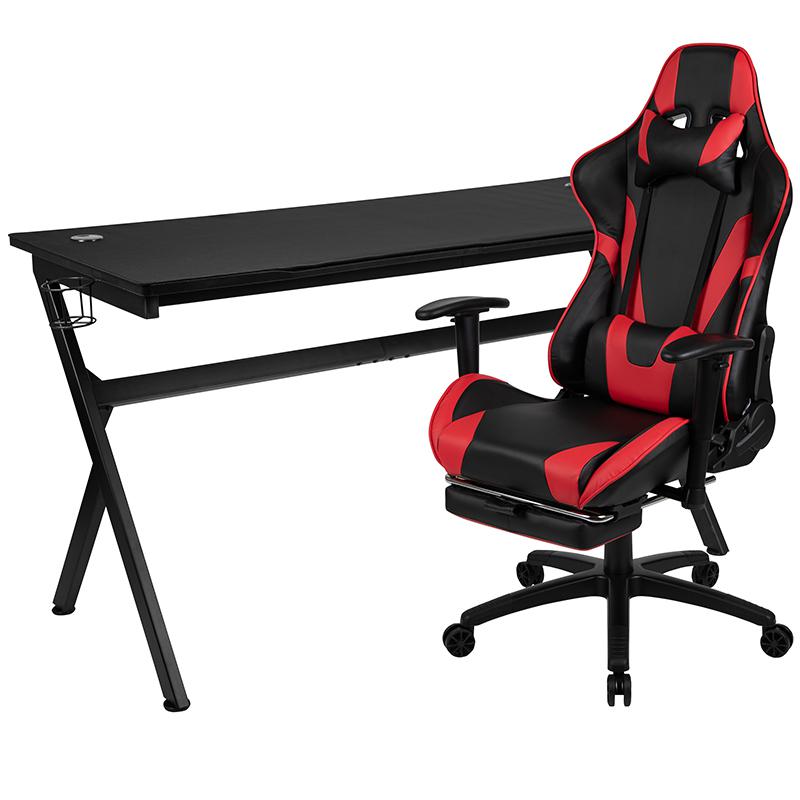 Gaming Desk and Red Footrest Reclining Gaming Chair Set - Cup Holder/Headphone Hook/Removable Mouse Pad Top/Wire Management. Picture 2
