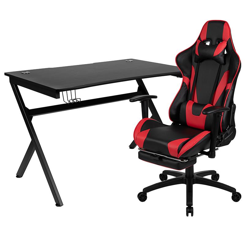 Black Gaming Desk and Red/Black Footrest Reclining Gaming Chair Set with Cup Holder, Headphone Hook & 2 Wire Management Holes. Picture 2