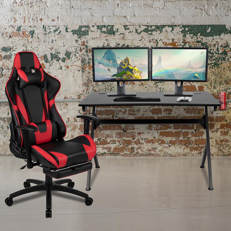 Black Gaming Desk and Red/Black Footrest Reclining Gaming Chair Set with Cup Holder, Headphone Hook & 2 Wire Management Holes. The main picture.