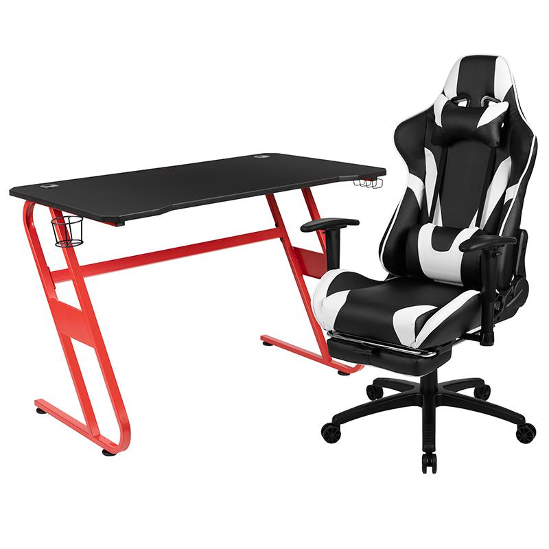 Red Gaming Desk and Black Footrest Reclining Gaming Chair Set. Picture 1
