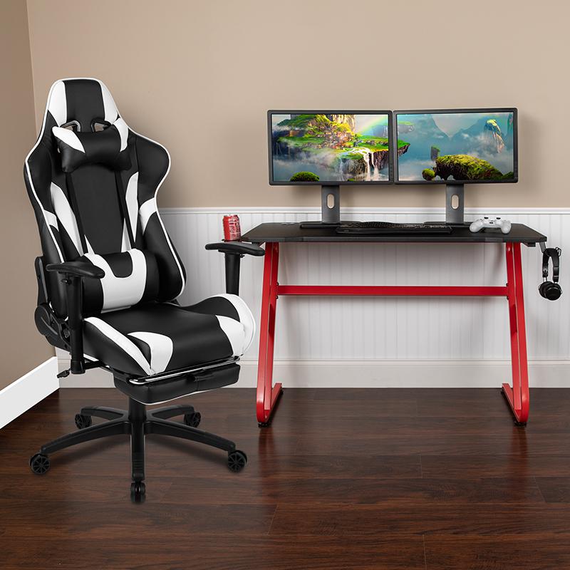 Red Gaming Desk and Black Footrest Reclining Gaming Chair Set. Picture 2
