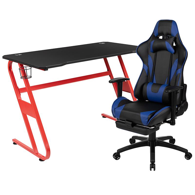 Red Gaming Desk with Cup Holder/Headphone Hook & Blue Reclining Gaming Chair with Footrest. Picture 2