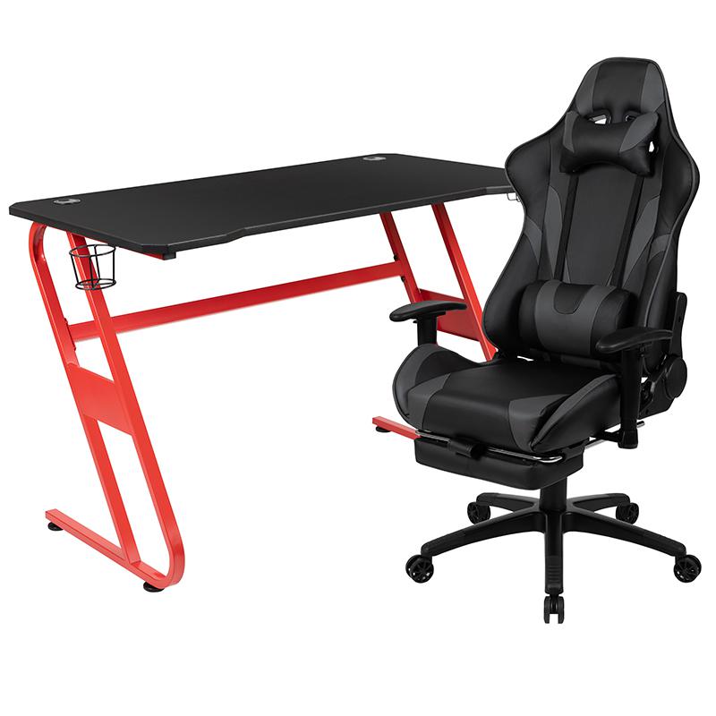 Red Gaming Desk with Cup Holder/Headphone Hook & Gray Reclining Gaming Chair with Footrest. Picture 2