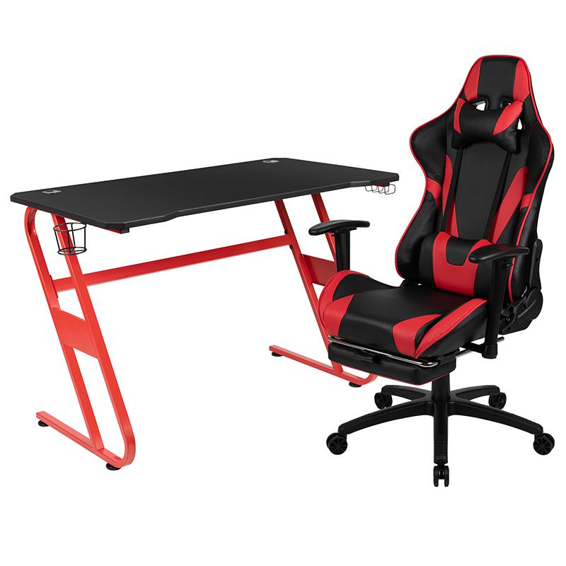 Red Gaming Desk and Red/Black Footrest Reclining Gaming Chair Set. Picture 1