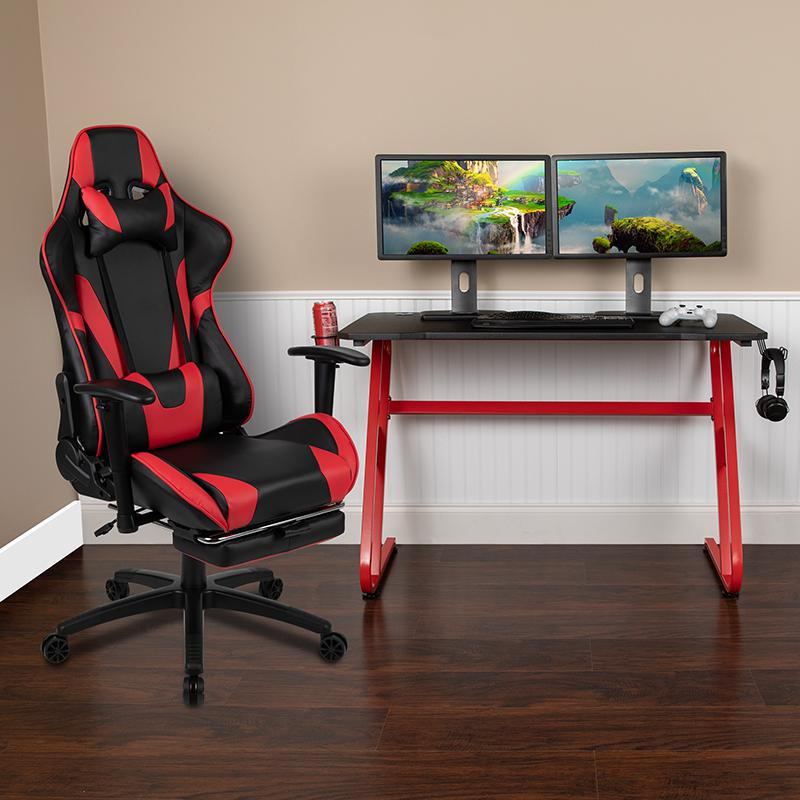 Red Gaming Desk and Red/Black Footrest Reclining Gaming Chair Set. Picture 2