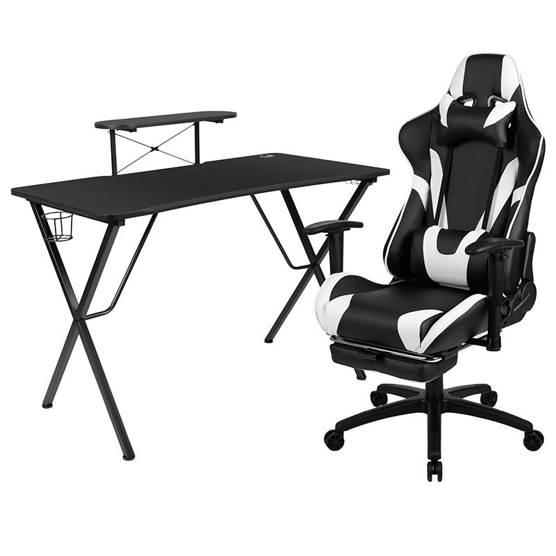 Black Gaming Desk and Black Footrest Reclining Gaming Chair Set with Cup Holder, Headphone Hook, and Monitor/Smartphone Stand. Picture 1
