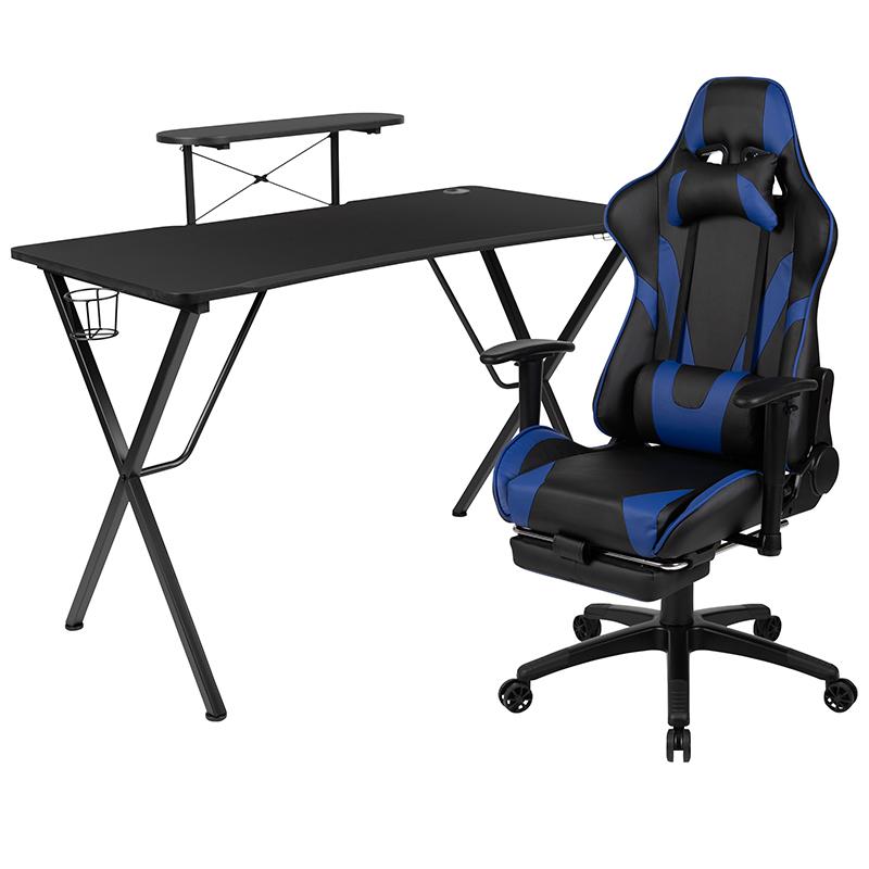 Black Gaming Desk/Headphone Hook and Monitor/Smartphone Stand, Blue Gaming Chair. Picture 2