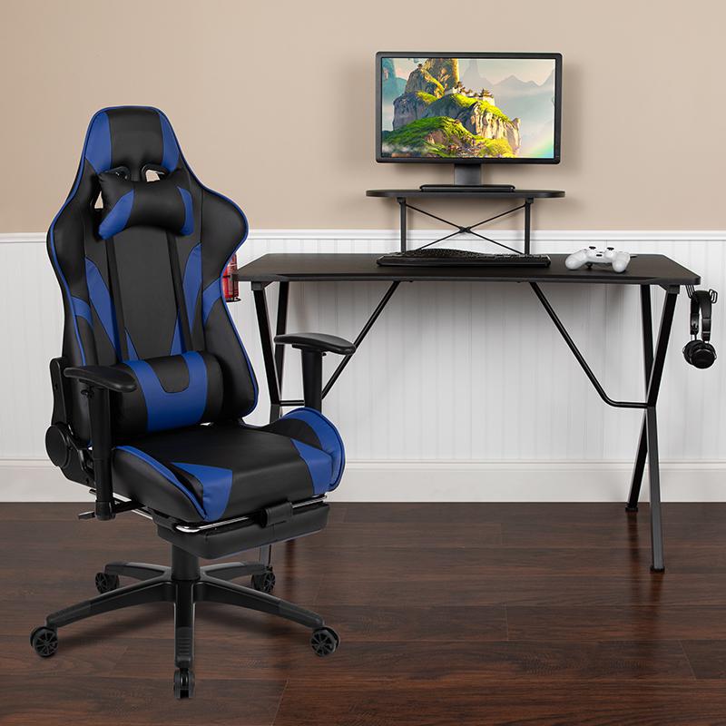 Black Gaming Desk/Headphone Hook and Monitor/Smartphone Stand, Blue Gaming Chair. Picture 1