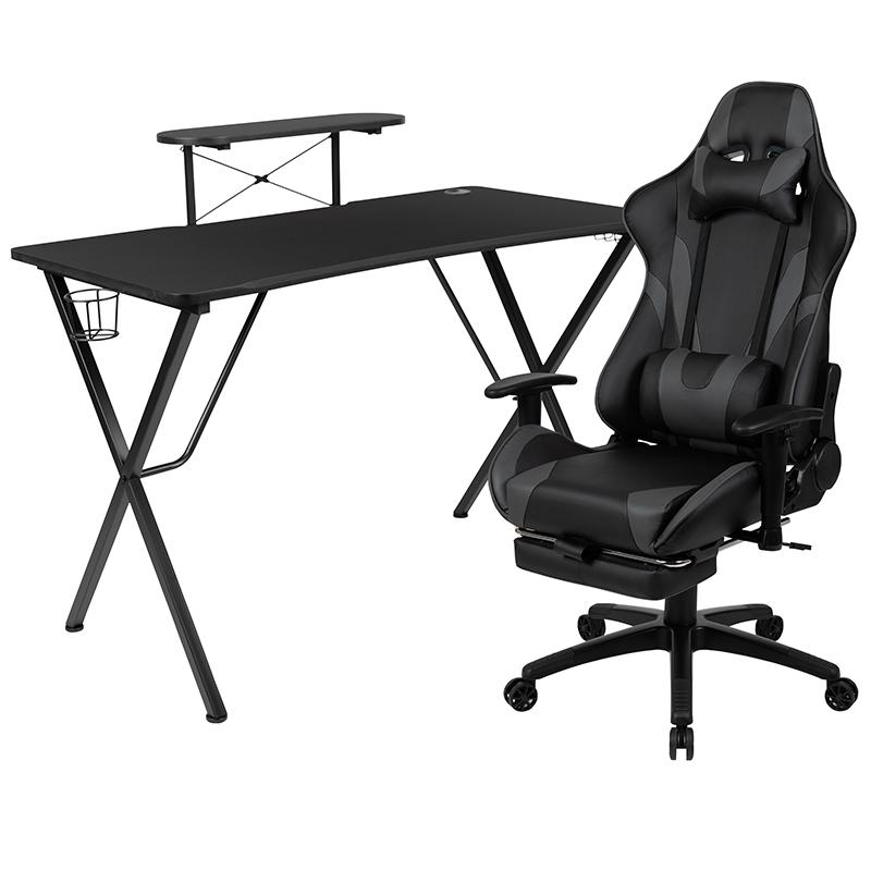 Black Gaming Desk with Cup Holder/Headphone Hook and Monitor/Smartphone Stand & Gray Reclining Gaming Chair with Footrest. Picture 2
