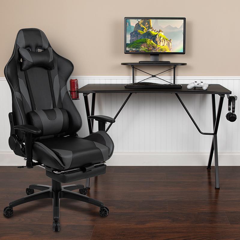 Black Gaming Desk with Cup Holder/Headphone Hook and Monitor/Smartphone Stand & Gray Reclining Gaming Chair with Footrest. The main picture.