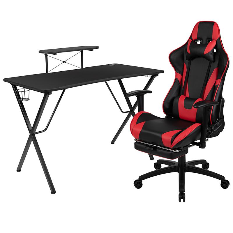 Black Gaming Desk and Red/Black Footrest Reclining Gaming Chair Set with Cup Holder, Headphone Hook, & Monitor/Smartphone Stand. Picture 1