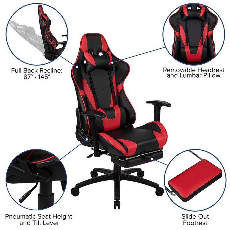 Black Gaming Desk and Red/Black Footrest Reclining Gaming Chair Set with Cup Holder, Headphone Hook, & Monitor/Smartphone Stand. Picture 4