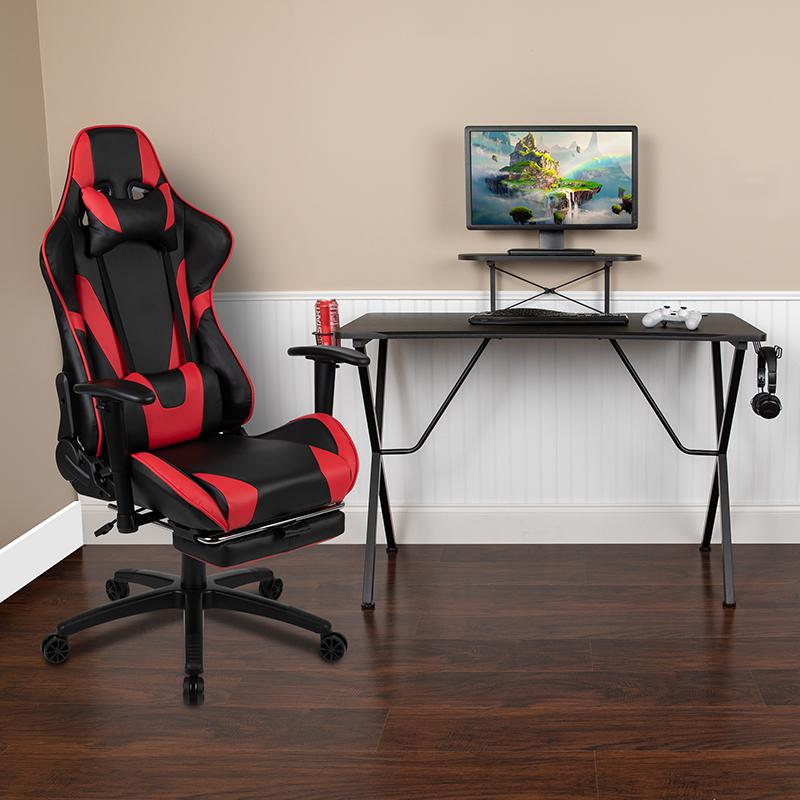 Black Gaming Desk and Red/Black Footrest Reclining Gaming Chair Set with Cup Holder, Headphone Hook, & Monitor/Smartphone Stand. Picture 2
