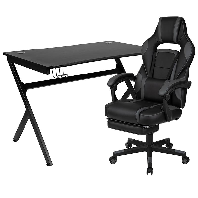 Black Gaming Desk with Cup Holder/Headphone Hook/2 Wire Management Holes & Black Reclining Back/Arms Gaming Chair with Footrest. Picture 2