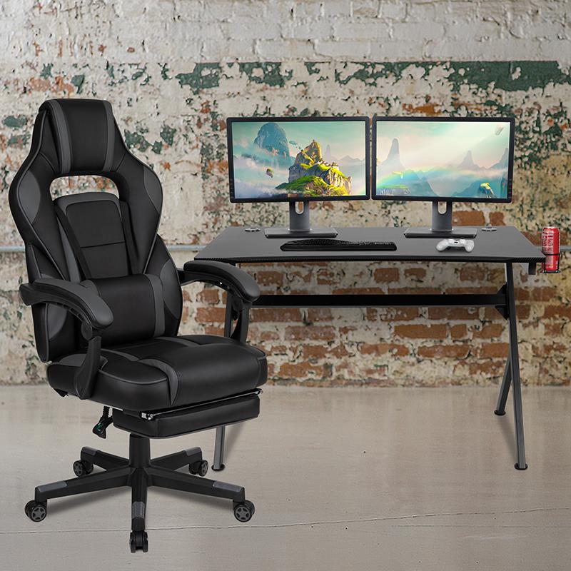 Black Gaming Desk with Cup Holder/Headphone Hook/2 Wire Management Holes & Black Reclining Back/Arms Gaming Chair with Footrest. Picture 1