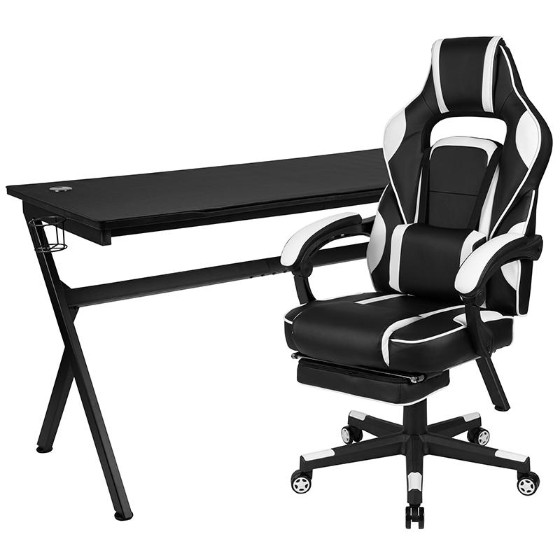Gaming Desk with Cup Holder/Headphone Hook/Removable Mousepad Top & White Reclining Back/Arms Gaming Chair with Footrest. Picture 2