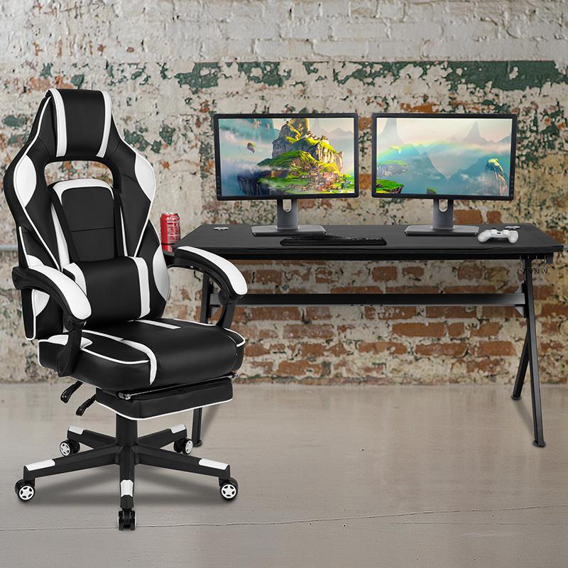 Gaming Desk with Cup Holder/Headphone Hook/Removable Mousepad Top & White Reclining Back/Arms Gaming Chair with Footrest. The main picture.