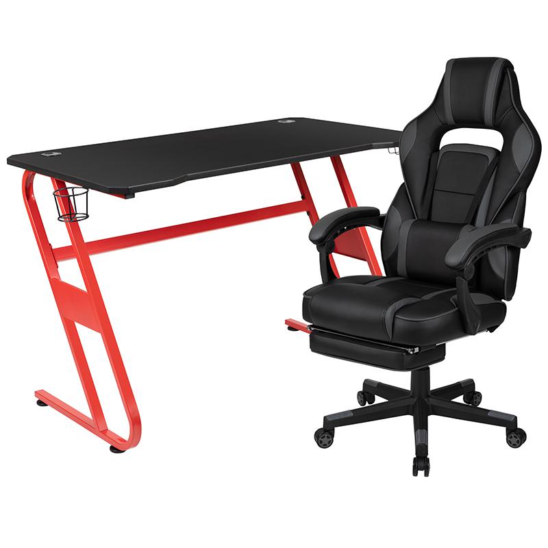 Red Gaming Desk/Headphone Hook & Black Reclining Back/Arms Gaming Chair. Picture 2
