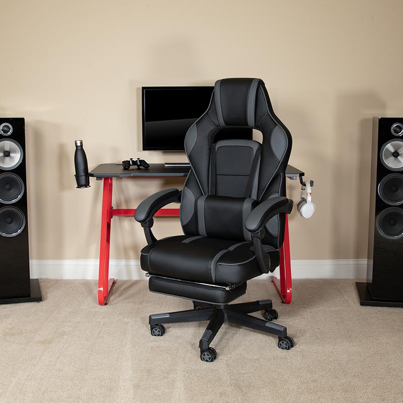 Red Gaming Desk/Headphone Hook & Black Reclining Back/Arms Gaming Chair. Picture 1
