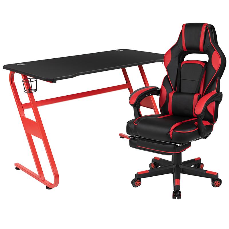Red Gaming Desk with Cup Holder/Headphone Hook & Red Reclining Back/Arms Gaming Chair with Footrest. Picture 2