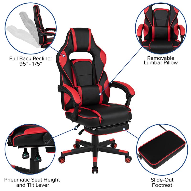 Red Gaming Desk with Cup Holder/Headphone Hook & Red Reclining Back/Arms Gaming Chair with Footrest. Picture 4