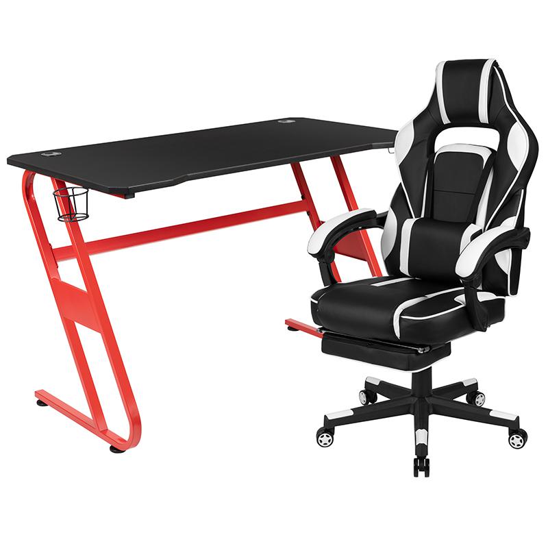 Red Gaming Desk/Headphone Hook & White Reclining Back/Arms Gaming Chair. Picture 2
