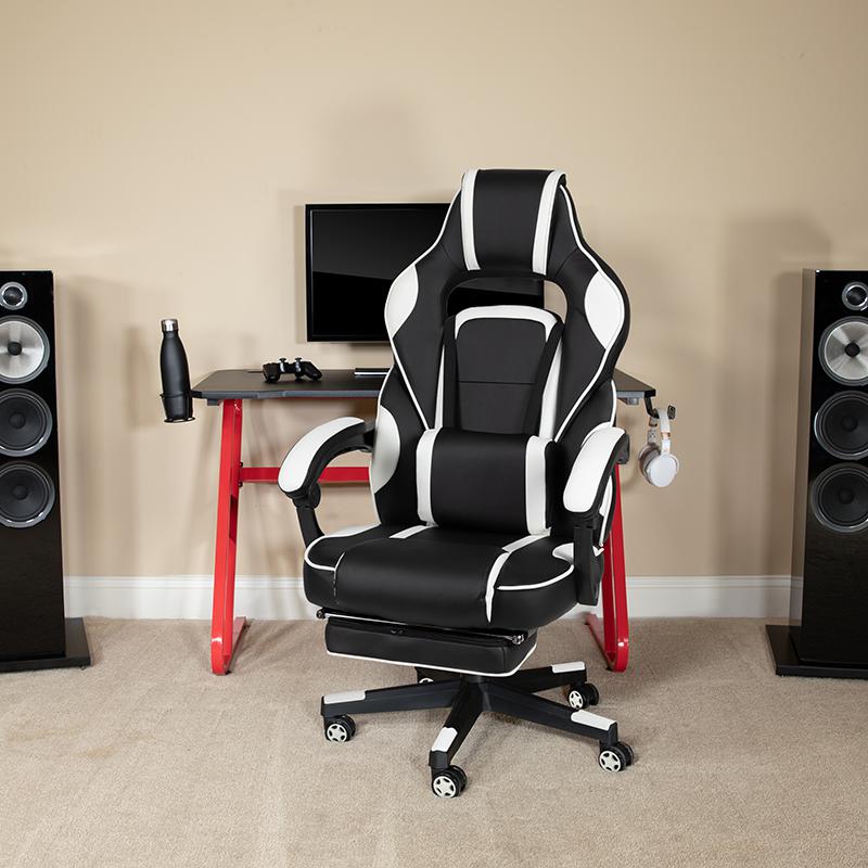 Red Gaming Desk/Headphone Hook & White Reclining Back/Arms Gaming Chair. Picture 1