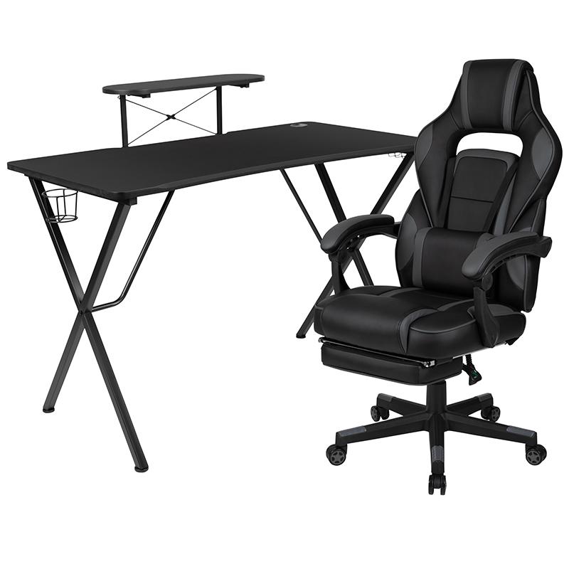 Black Gaming Desk with Cup Holder/Headphone Hook/Monitor Stand & Black Reclining Back/Arms Gaming Chair with Footrest. Picture 2