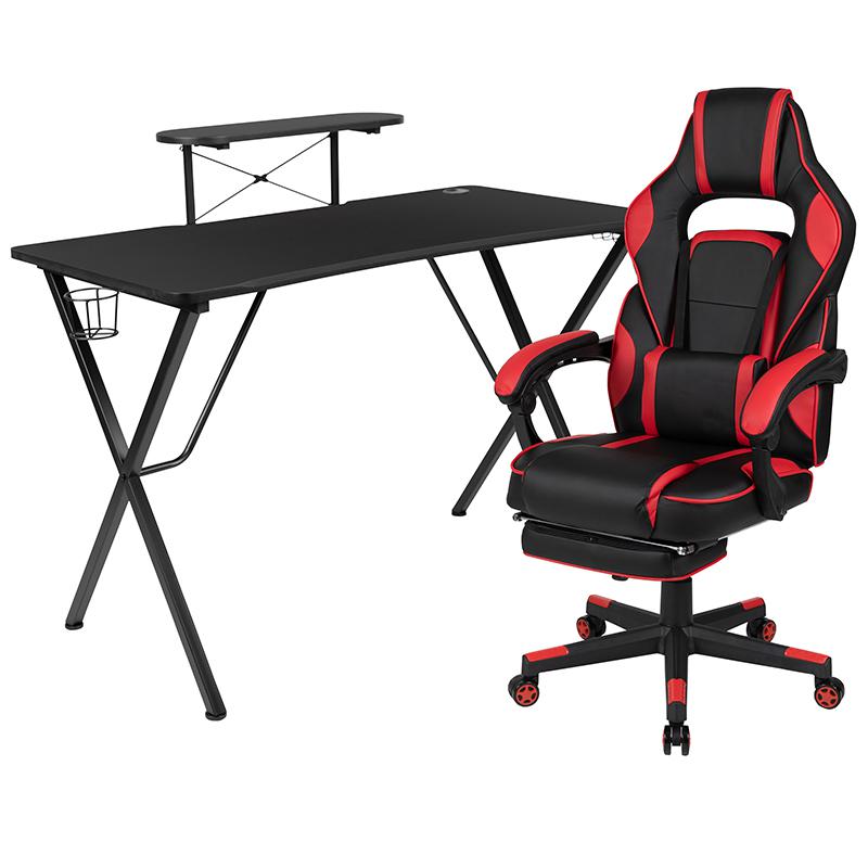 Black Gaming Desk/Headphone Hook/Monitor Stand & Red Back/Arms Gaming Chair. Picture 2