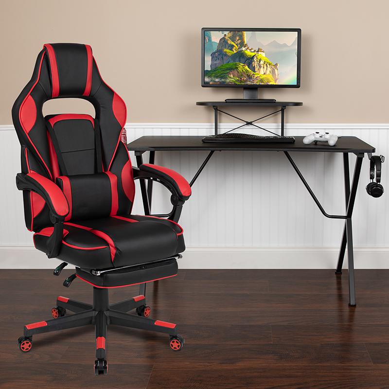 Black Gaming Desk/Headphone Hook/Monitor Stand & Red Back/Arms Gaming Chair. Picture 1