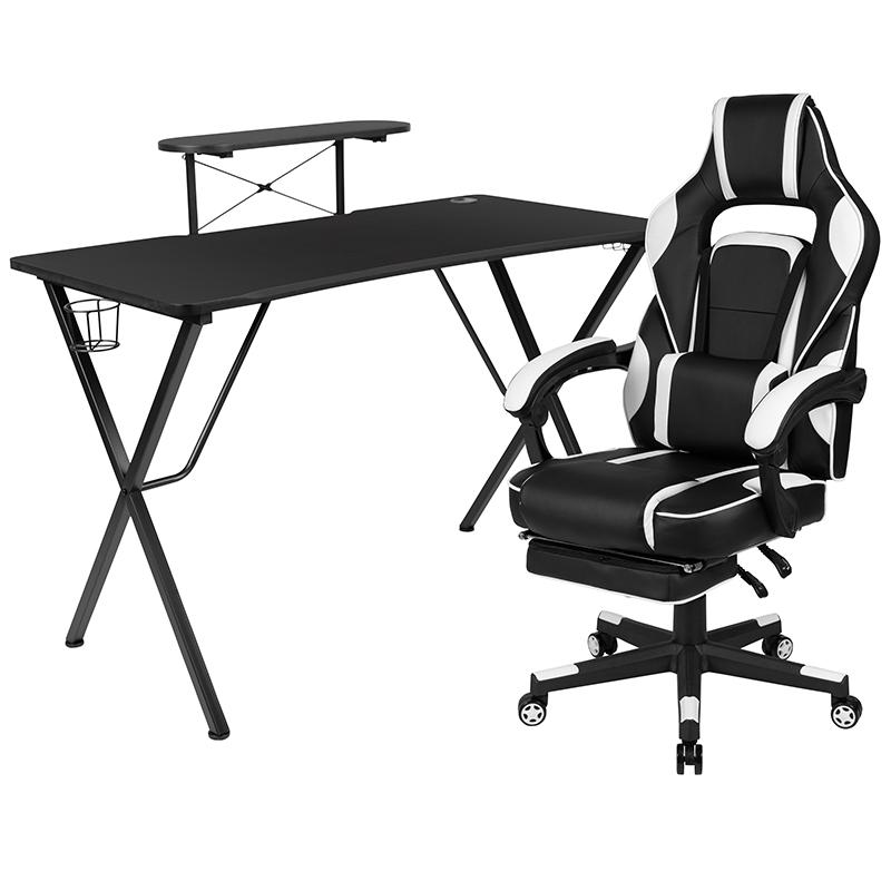Black Gaming Desk with Cup Holder/Headphone Hook/Monitor Stand & White Reclining Back/Arms Gaming Chair with Footrest. Picture 2