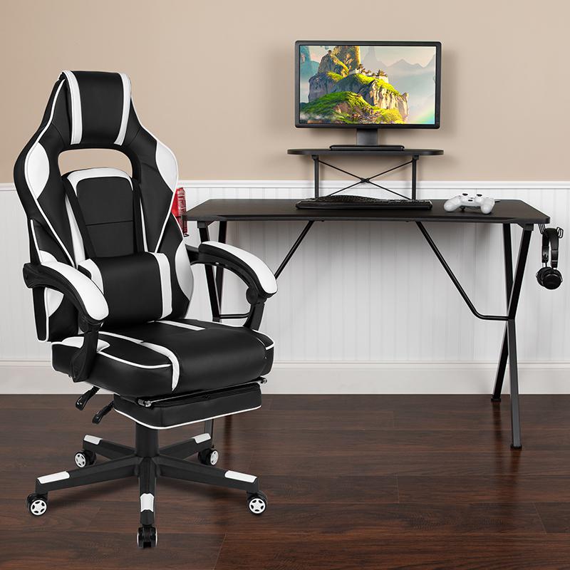 Black Gaming Desk with Cup Holder/Headphone Hook/Monitor Stand & White Reclining Back/Arms Gaming Chair with Footrest. Picture 1