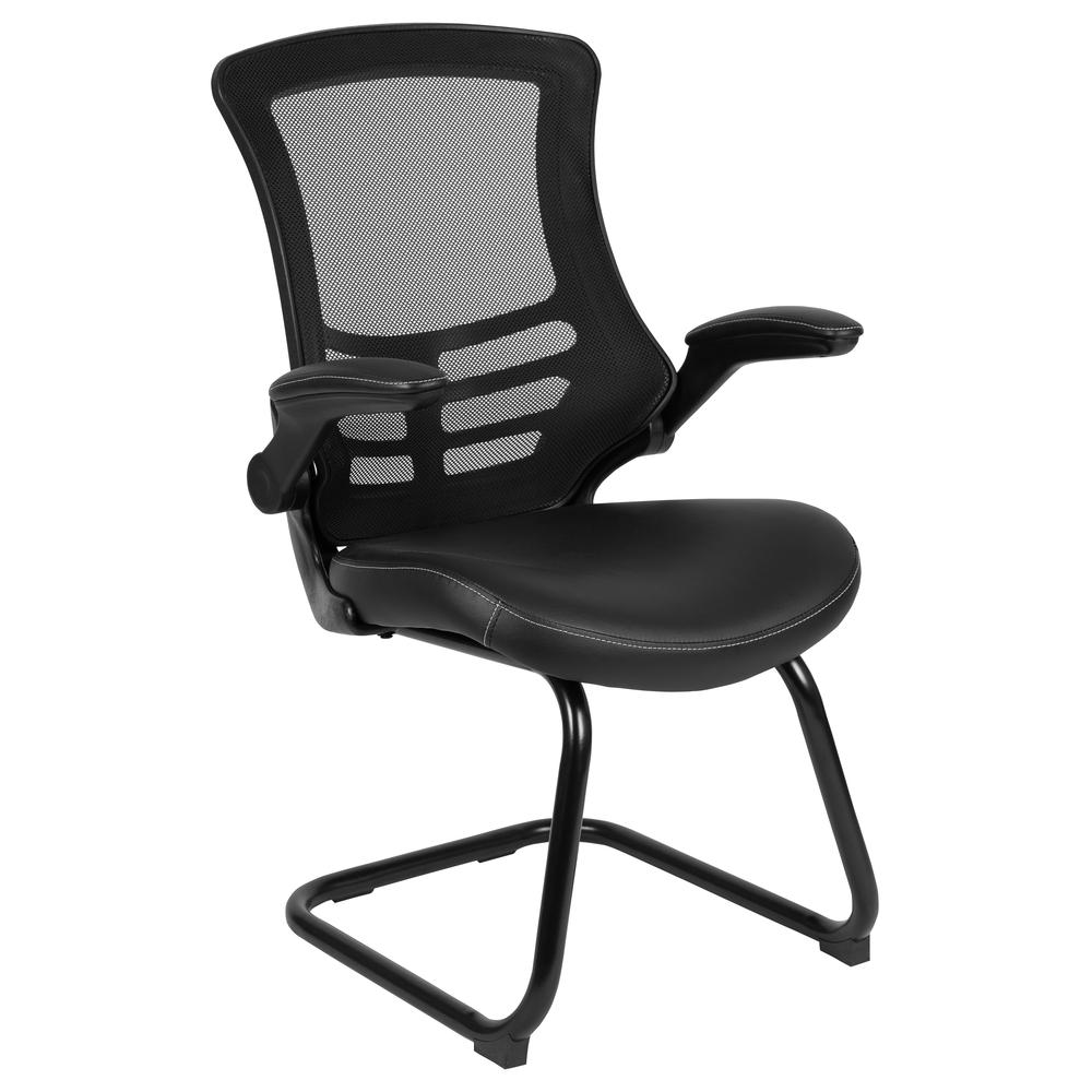 Black Mesh Sled Base Side Reception Chair with White Stitched LeatherSoft Seat and Flip-Up Arms. Picture 1
