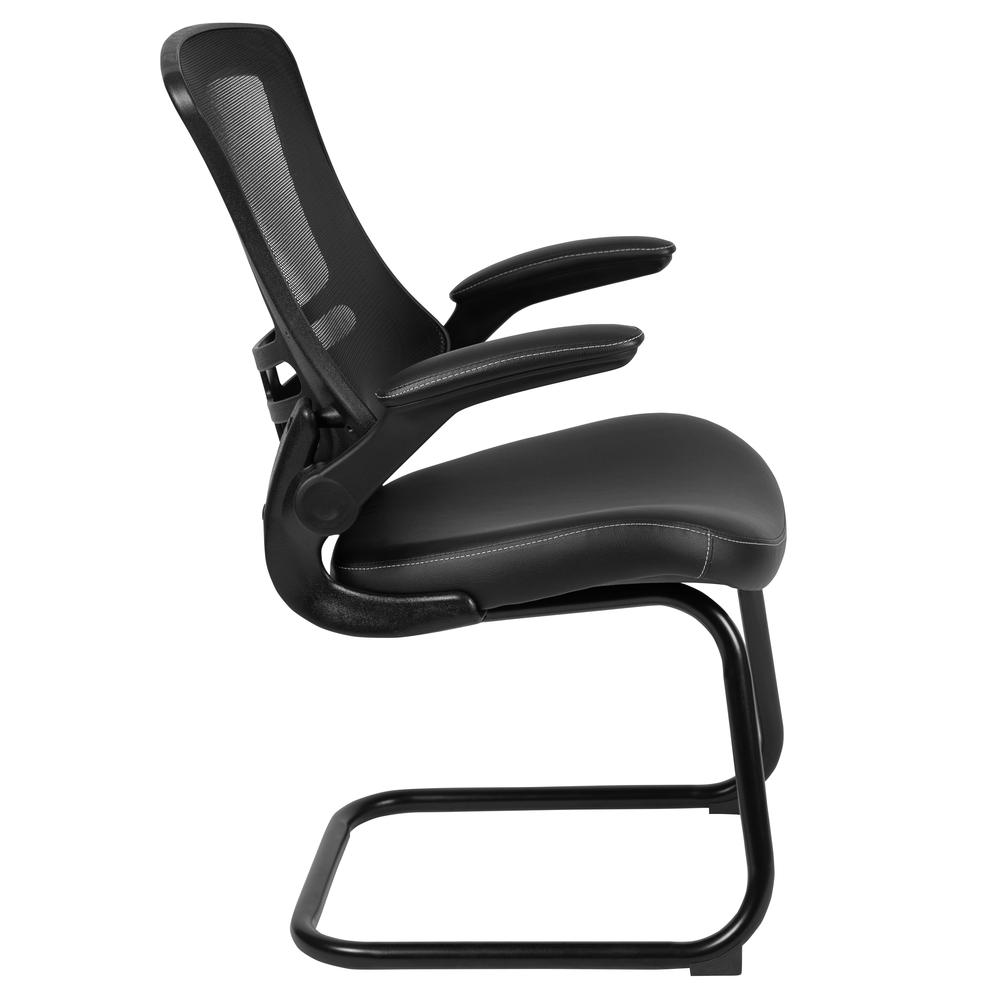 Black Mesh Sled Base Side Reception Chair with White Stitched LeatherSoft Seat and Flip-Up Arms. Picture 3
