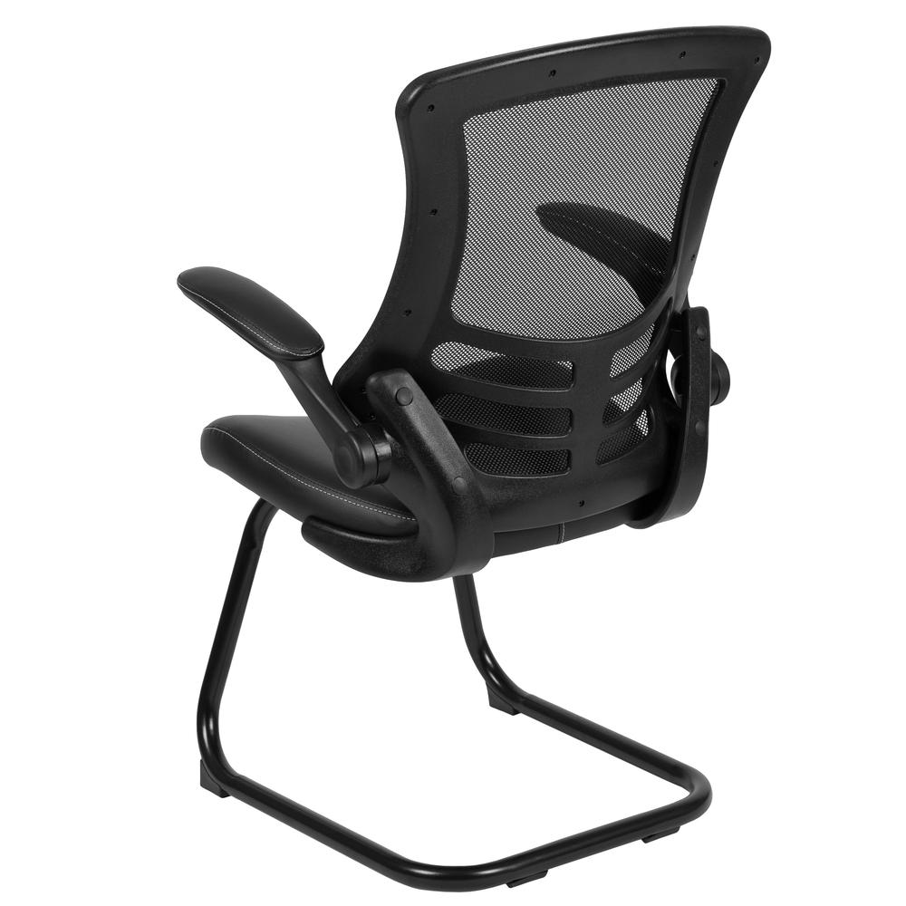 Black Mesh Sled Base Side Reception Chair with White Stitched LeatherSoft Seat and Flip-Up Arms. Picture 4
