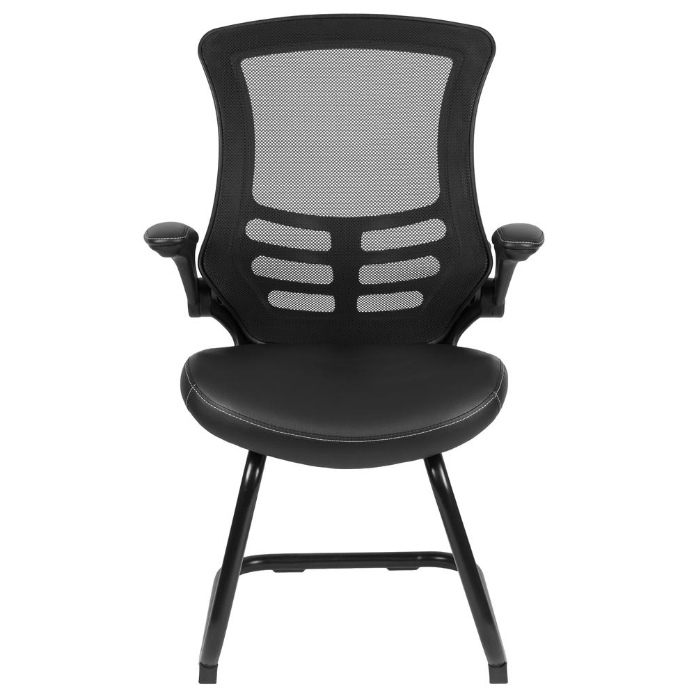 Black Mesh Sled Base Side Reception Chair with White Stitched LeatherSoft Seat and Flip-Up Arms. Picture 5