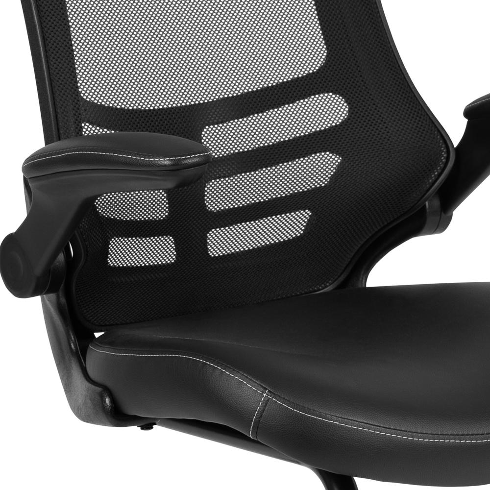 Black Mesh Sled Base Side Reception Chair with White Stitched LeatherSoft Seat and Flip-Up Arms. Picture 7