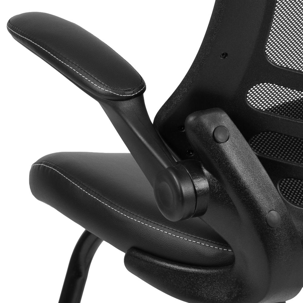 Black Mesh Sled Base Side Reception Chair with White Stitched LeatherSoft Seat and Flip-Up Arms. Picture 8