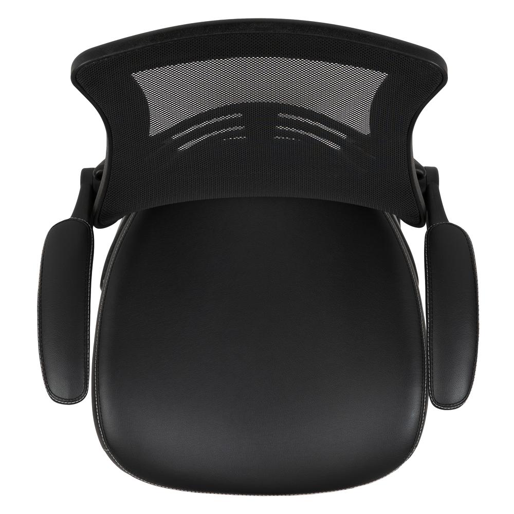 Black Mesh Sled Base Side Reception Chair with White Stitched LeatherSoft Seat and Flip-Up Arms. Picture 9